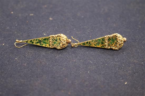 A pair of ornate 9ct gold and enamel tapering triangular drop earrings, 50mm.